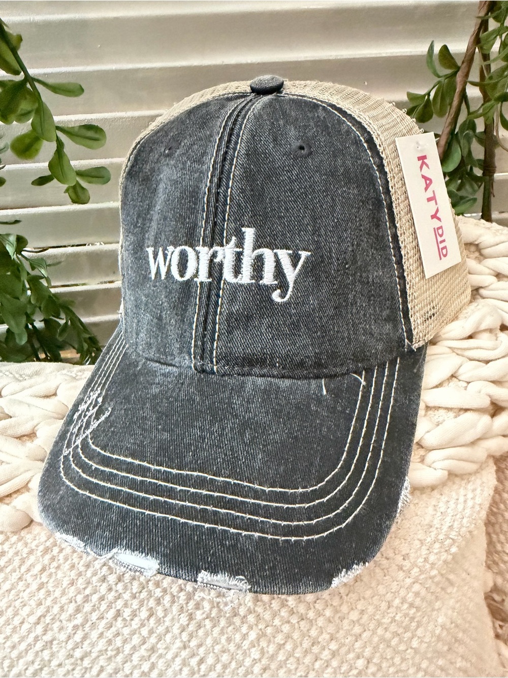 Katydid "Worthy" Embroidered Trucker Hat - Black & Cream